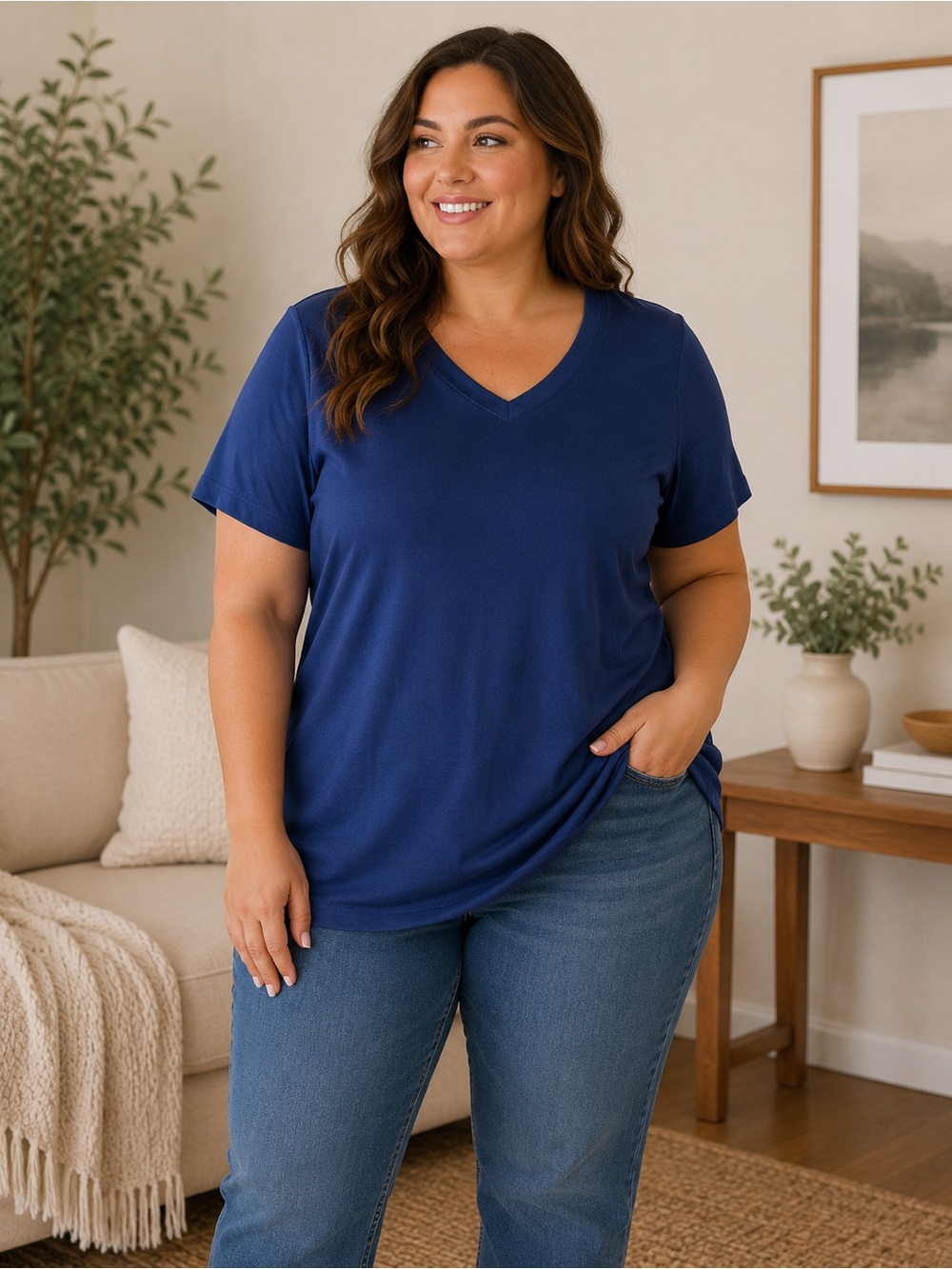 Classic V-Neck Short Sleeve Top - Navy - Picture 2 of 4
